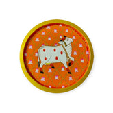 Hand-Painted Cow & Lotus Round Wooden Wall Decor